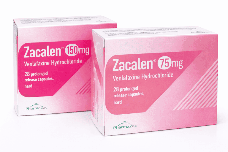Φωτογραφία με συσκευασίες φαρμάκων Zacalen 75mg και 150mg. Το ZACALEN είναι ένα σκεύασμα με τη φαρμακευτική ουσία βενλαφαξίνη (Venlafaxine). Eίναι ένα φάρμακο που χρησιμοποιείται για τη θεραπεία κυρίως της κατάθλιψης